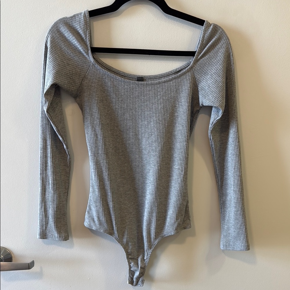 Gray Ribbed Long Sleeve Bodysuit